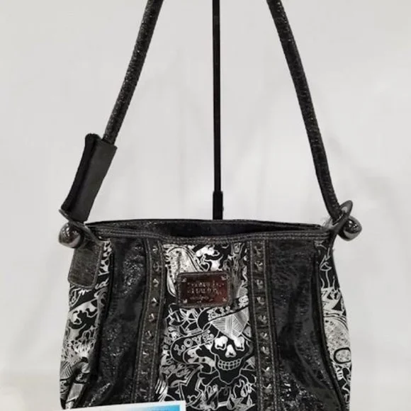 Ed Hardy Black & Silver Patent Leather Shoulder Bag Regualer Medium Size Bag - Picture 2 of 9